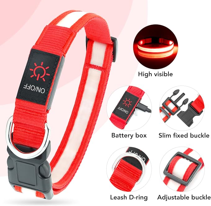 Vizpet LED Dog Collar, Light Up Dog Collar Adjustable USB Rechargeable Super Bright Safety Light Glowing Collars for Dogs(Large,Red) - Image 2