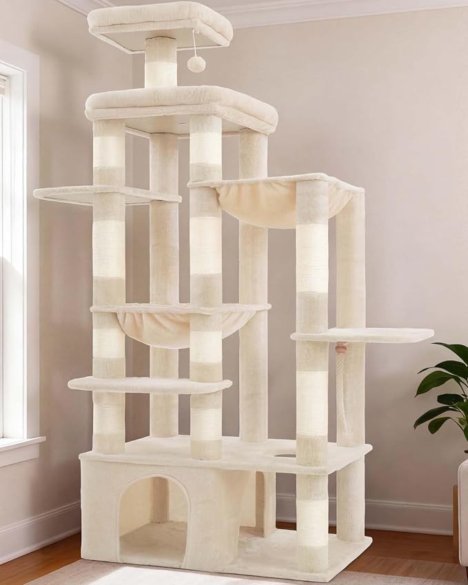 Heybly Cat Tree, 71-Inch Tall Cat Tower for Large Maine Coon Cats HCT03MG | Cat Condo Furniture with Extra-Large Baseboard, Multi-Level Platforms, 2 Hammocks and 12 Scratching Posts, Beige by HEYBLY