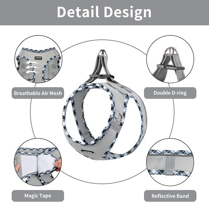 AMTOR Small Dog Harness with Leash Set, No Escape Easy Walk Puppy Harnesses for Training Walking, Step-in Reflective Soft Dogs Vest for XS S Medium Extra-Small Large Sized Dog(M,Grey) - Image 3