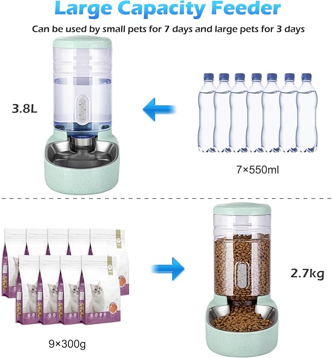 Automatic Cat Feeder and Water Dispenser with Stainless Steel Bowl Gravity Food Feeder and Waterer Set for Small Medium Dog Puppy Kitten 1 Gallon x 2(Green) - Image 3