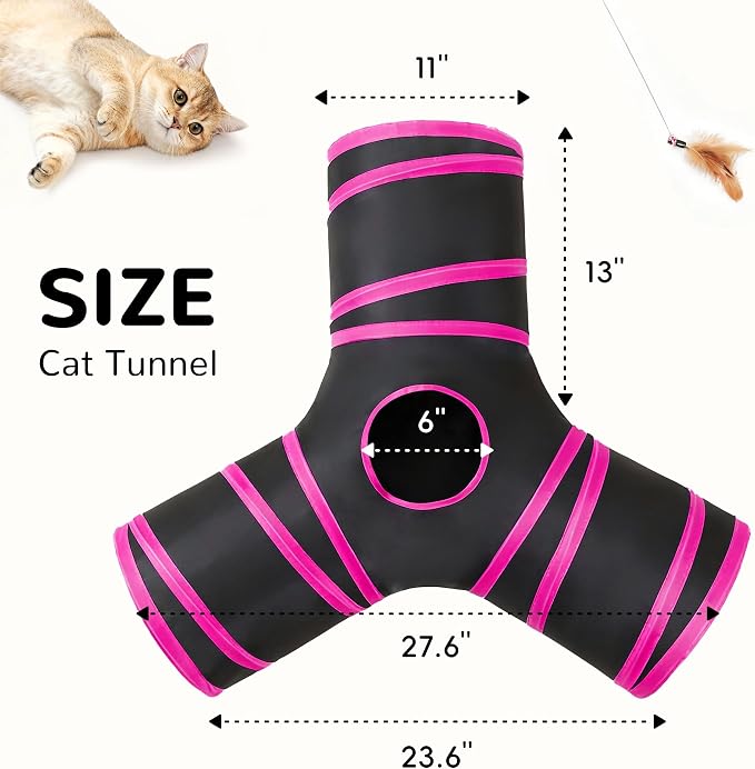 Tempcore Cat Tunnel for Indoor Cats, 3 Way Collapsible Pet Play Tunnel with Teaser Wand, Peek Holes & Hanging Ball, Interactive Tube for Kittens & Rabbits, Black & Rose Red - Image 5