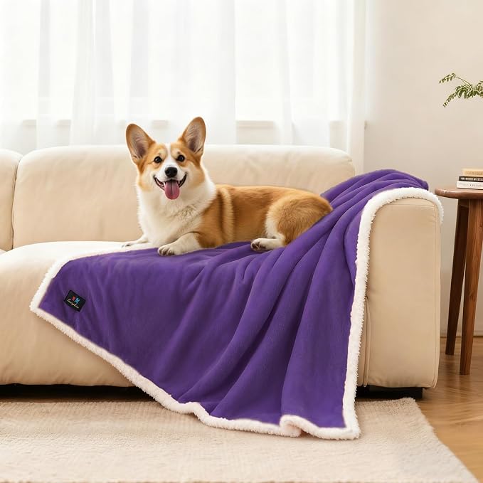 Luciphia Waterproof Bed Blanket Washable,Soft Sherpa Fleece Puppy Reversible Throw Blankets for Medium Large Dog Cat,Furniture Cover Protector Couch from Liquid Pee and Pet Fur,Purple White,85" x 57" - Image 6