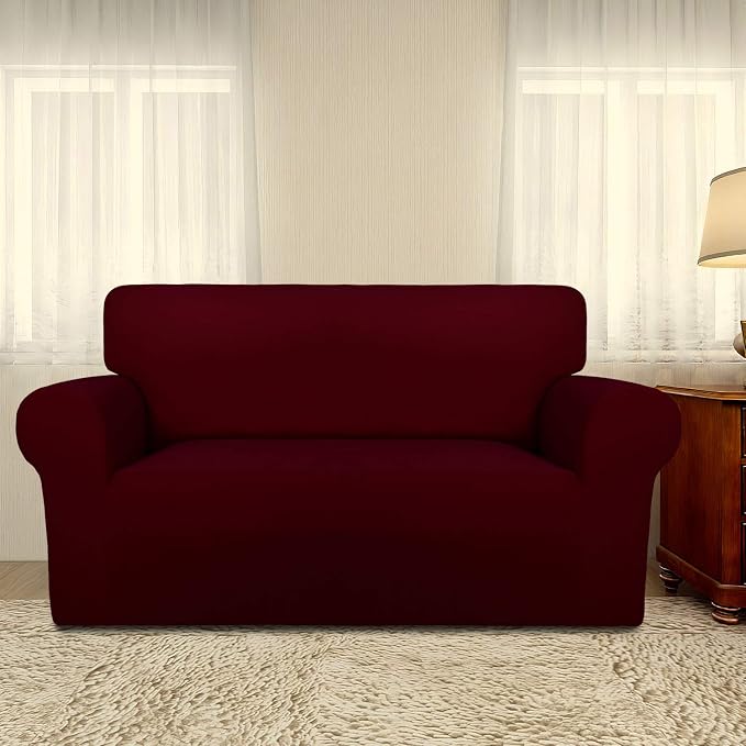 PureFit Stretch Loveseat Covers Fleece Couch Covers for Sofa Wine | 1-Piece Sofa Slipcover Soft Couch Protector, Sofa Cover Washable with Non Skid Foam and Elastic Bottom for Kids, Dogs - Image 2