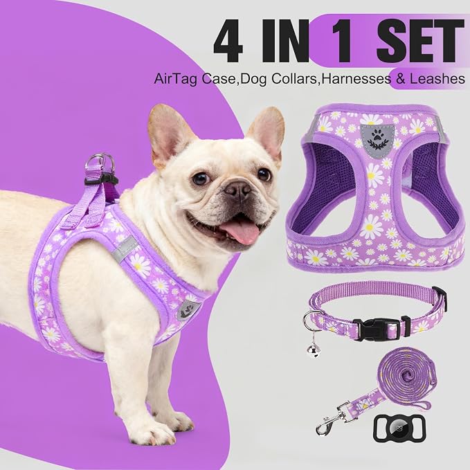 Small Dog Harness and Leash Set - Cute Spring Puppy Harness Leash Dog Collar with AirTag Holder Silicone Case, Soft Padded Step in Pet Vest Reflective for Outdoor Walking, Purple Daisy M - Image 7