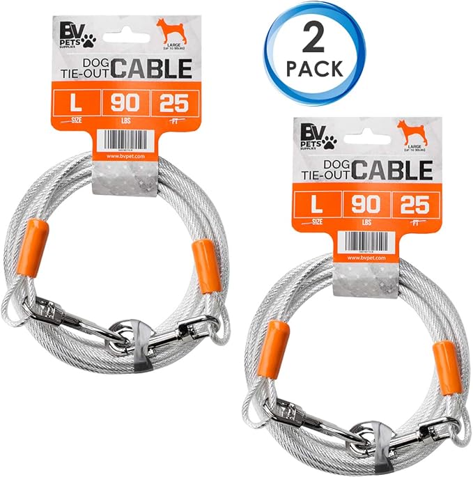 BV Dog Tie Out Cable 25 Feet - Heavy Duty Dog Lead Up to 90 Pounds - Reflective & Rust-Free with Quick Release Swivel Clips & 360° Rotating Clasp - Tangle-Free Dogs Runner for Yard (Silver, Pair) - Image 2