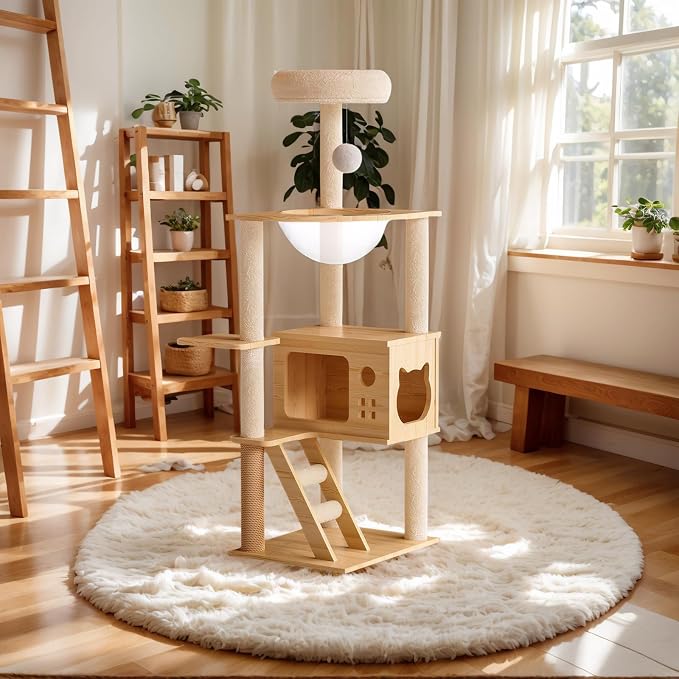 Modern Cat Tower, Wood Cat Tree Tower for Indoor Cats, Cat Tree with Sisal-Covered Scratching Posts and Soft Top Perch, 48.8'' Cat Condo with Acrylic Hammock for Small Large Cats - Image 5