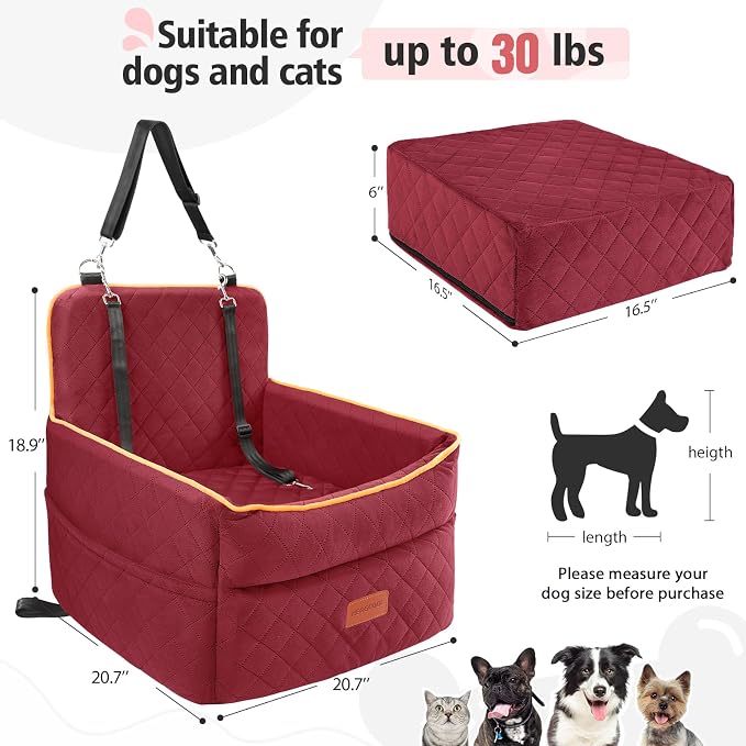 HEGGCOOE Dog Car Seat for Small Medium Dogs, Memory Foam Puppy Dog Booster Seat with Thick Cushion for Dogs Under 35lbs, Detachable Washable Pet Car Seat Travel Bed with Storage Pockets,2 Safety Belts - Image 3