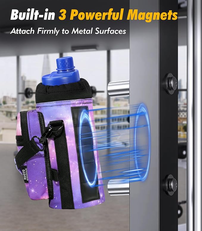Nuovoware Magnetic Gym Bag, 40oz, Water Bottle Carrier, Starry Purple | Adjustable Shoulder Strap, Magnets Magnetic Gym Bag, Bottle Pouch Sling, 2 Pocket, Sling Neoprene Organizer Sleeve - Image 2