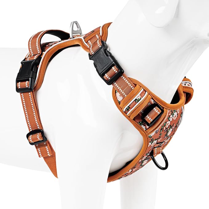 Timos Dog Harness, No Pull Large Sized with 3 Buckles, Flower Orange, XL | Reflective, No Choke, Easy On & Off, Adjustable Soft Padded, Front & Back 2 Clips and Control Handle for Walking Training - Image 8