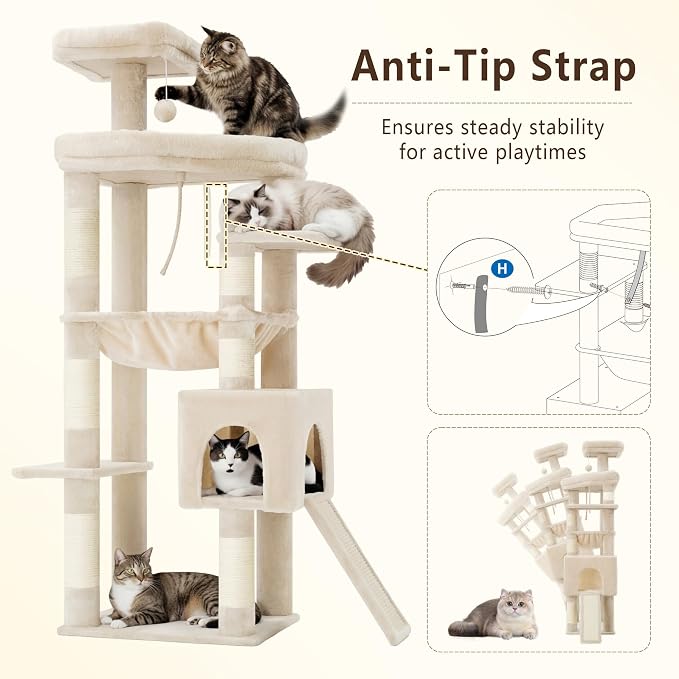 Heybly 64.2" Heavy-Duty Cat Tree for Large Cats with Wide Base HCT027M | Indoor Cat Tower with Scratching Posts & Board, Cat Furniture with Big Platforms, Extra-Large Hammock, Beige - Image 8
