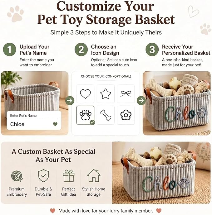 Personalized Large Dog Toy Basket, Corduroy Dog Toy Bin Storage with Name | Custom Cat Toy Basket with Handles, Soft Puppy Toy Basket, Pet Supplies, Gift for Dog Lovers,4 Colors - Image 5