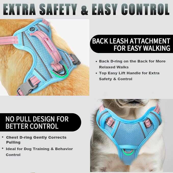 BARKBAY No Pull Dog Harness Large Reflective Dog Harness with Front Clip and Easy Control Handle for Walking Training Running with ID tag Pocket(Baby Blue & Baby Pink,S) - Image 3