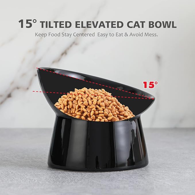 Raised Ceramic Cat Food Bowls – Tilted Elevated Anti-Vomit Cat Bowl – Whisker-Friendly Wide Shallow Feeding Dish – for Dry & Wet Food – Microwave & Dishwasher Safe - Image 4