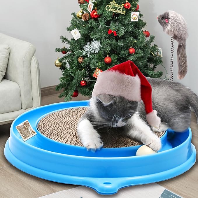 AUOON Cat Scratcher Toy with Ball Track for Indoor Cats and Kittens, Blue | 3 in 1 Interactive Cat Toy, Cat Scratch Pad with Cat Ball Toy and Cat Mouse Toy, for Chasing Exercise, Protect Furniture - Image 9