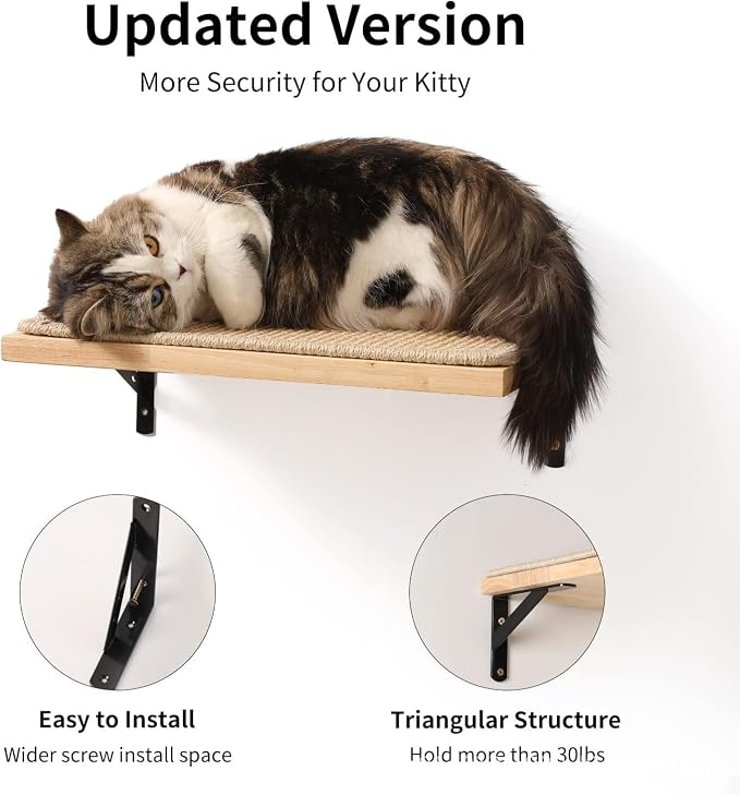 2 Pieces Cat Hammock Wall Mounted Floating Wall Shelf with Cat Scratching Mat Thick Solid Wood Cat Tree for Cat (2 Pieces Hammock) - Image 5