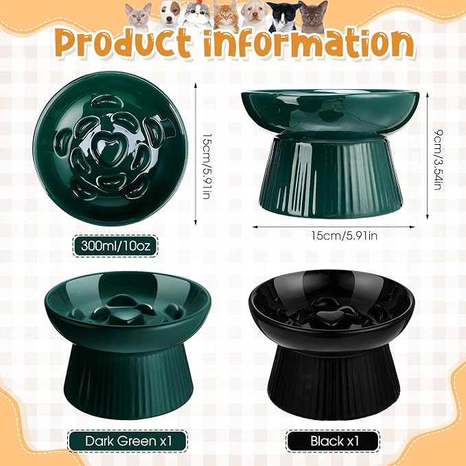 Tioncy 2 Pcs Ceramic Elevated Slow Feeder Cat Bowl, Raised Cat Slow Feeder Bowl, Anti Vomiting for Dry and Wet Food, No Spill High Edge Easy Clean Dishwasher Safe (Dark Green,Black) - Image 2