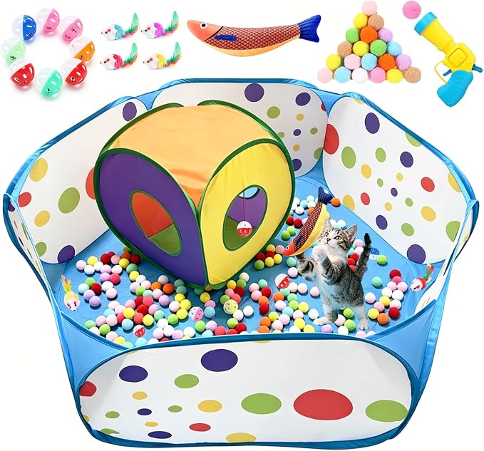 Ball Pit and Tunnel Tent for Cats, with 200 Pom‑pom Balls, 1 Ball Launcher, 8 Bell Balls, 4 Colorful Mice and 1 Saury Fish, Foldable Indoor & Outdoor Cat Activity Center for Interactive Play by WZWXXQ