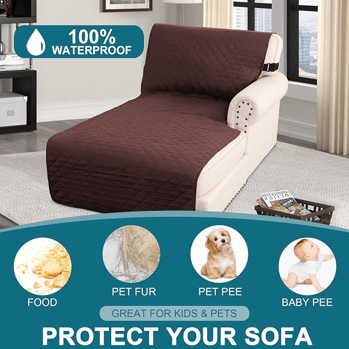 Turquoize 100% Waterproof Sofa Covers Chaise Lounge L Shape Sofa Protector Chaise Slip Cover Triple Non-Slip Sofa Slipcover for Sectional Couch Cover for Pets, Kids (Chaise, Brown) - Image 2