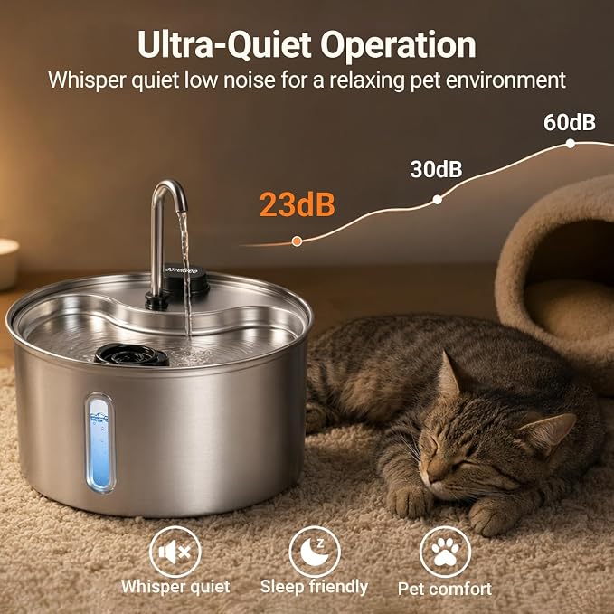 Cat Water Fountain, 118oz/3.5L Stainless Steel Cat Fountain with Ultra-Quiet Pump, LED Water Level Window, Automatic Cat Water Dispenser, 6-Layer Filtration Includes 2 Replacement Filters - Image 8
