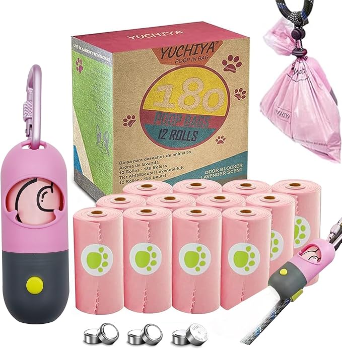 Dog Poop Bags Holder with LED Flashlight|Pet Waste Bags Dispenser for Leash|Doggie Potty Bags Container with Leak-proof Pet Trash Bags and Accessories (1 Holder 195 Bags, Pink) by YUCHIYA