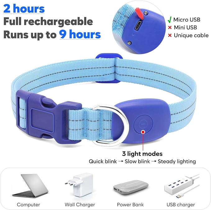 Light Up Dog Collars Rechargeable, Reflective LED Glow Dark Dog Collar for Small Medium Large Dogs, Adjustable Pet Dog Lights for Safe Night Walk-Blue, Large - Image 3