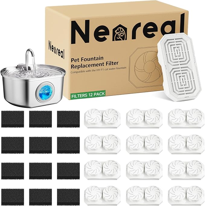 Neareal Cat Water Fountain Replacement Filters and Pre-Filter Sponges | Includes 12 Filters and 12 Sponges for 74oz/2.2L Stainless Steel Pet Fountain by Neareal