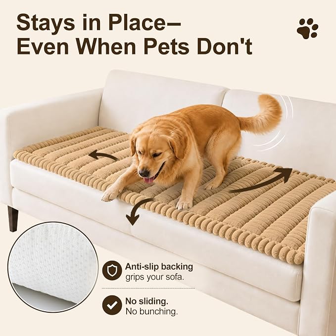 decorUhome Couch Cover for Dogs, Non Slip Fuzzy Thick Pet Sofa Protector | Pet Friendly, Machine Washable, Fits 3-Cushion Sofa, Protects Against Pet Hair & Daily Messes, Camel, 27.6" x 70.9" - Image 3