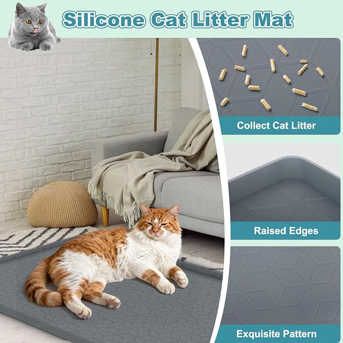 Cat Litter Mat Litter Trapping Mat, Silicone Cat Litter Box Mats for Floor, Non-Slip Litterbox Mat with Raised Edge, Easy Clean Pet Feeding Mat for Indoor Cats 34" X 22" Gray - Image 4