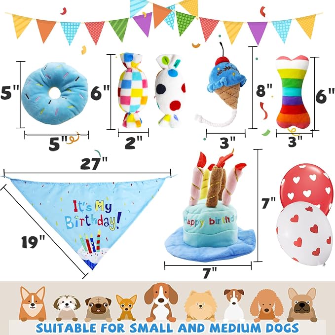 lilfrd 9Pcs Blue Dog Birthday Toy Set, Squeaky Hat Bandana Gift for Dogs | Birthday Gift Pack, Soft Plush, Small Medium Puppy Friendly - Image 3