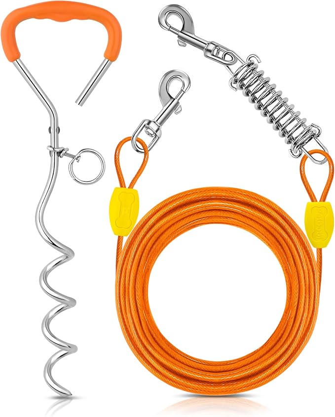 Petbobi Dog Tie Out Cable and Stake, 30ft Heavy Duty Dog Leads for Yard | 4in Shock Spring, 16in Spiral Ground Anchor, 360° No-Tangle Swivel, Chew-Proof Rustproof Wire, Up to 120 lbs, Outdoor Camping by Petbobi