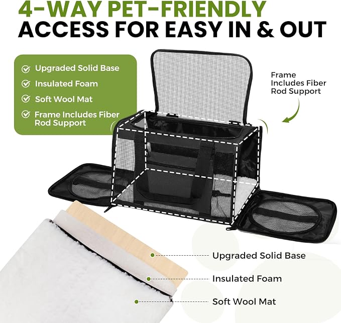 Soft-Sided Cat Carrier 18x11x11 in Expandable Travel Pet Bag 15LBS | For Cats and Small Dogs with Anti-Scratch Mesh Washable Mat Collapsible Escape-Proof Airline Approved with Shoulder Strap - Image 3