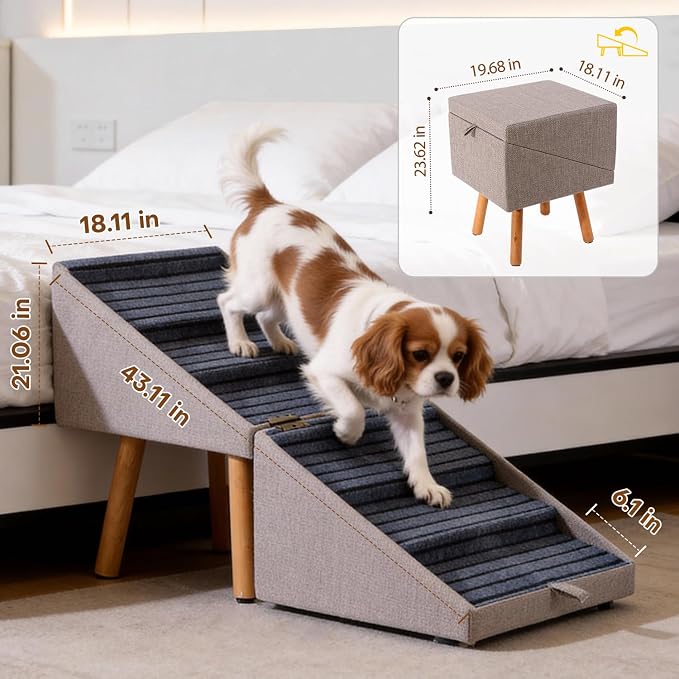 Dog Stairs for Small Dogs, 2-in-1 Pet Steps & Ottoman | Foldable Dog ramp for Couch, Non-Slip Wooden Pet ramp for Puppy Senior Injured Dogs (Light Brown, XXL(21.06H)) - Image 2