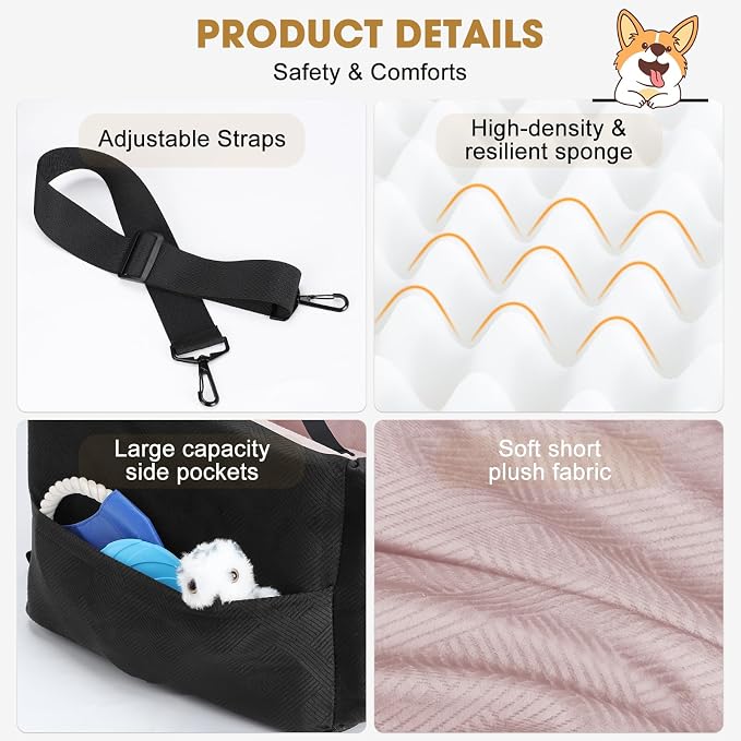JOEJOY Dog Car Seats for Small Medium Dogs Under 35lbs, Dog Booster Seat with Detachable Washable Cover and Cushion, Memory Foam Pet Car Seat with Safety Belt and Storage Pockets (BP) - Image 7