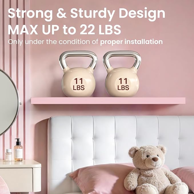 BAYKA Pink Floating Shelves 22.5in, Set of 2, Wall Mounted for Wall Decor | Easy Install, 22lbs Max Load, Hidden Bracket, Hanging Shelf for Books Nursery Plants Perfume Storage, Multi-Wall Compatible - Image 5
