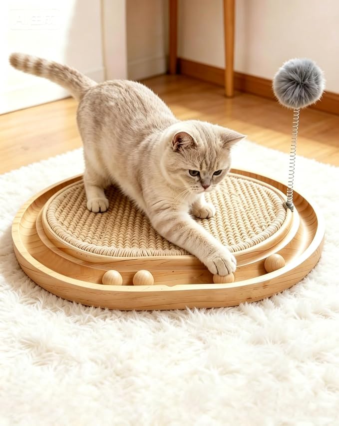 Sisal Cat Scratcher Pad with Wooden Ball Track Toy,Interactive Cat Toys for Kittens & Adult Cats Indoor, Anti-Scratch Furniture Protector for Bored Pet, Cat Enrichment Puzzle by BaitengTech