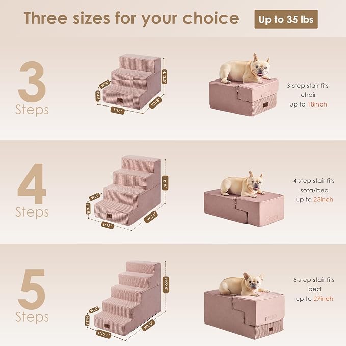 EHEYCIGA Dog Stairs for Small Dogs 13.5" H, 3-Step Dog Steps for Cats, Pink | Pet Steps for Couch Sofa and Chair, Non-Slip Balanced Pet Ramp Indoor - Image 2