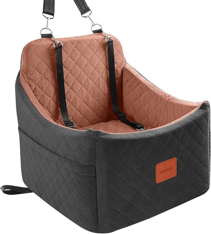 Dog Car Seat for Small/Medium Dogs, Memory Foam Dog Booster Seat, Travel Safety Pet Car Seat with Washable Removable Cover, Storage Pockets for Dogs up to 35 lbs((Black/Brown, Medium) by INDYBUD