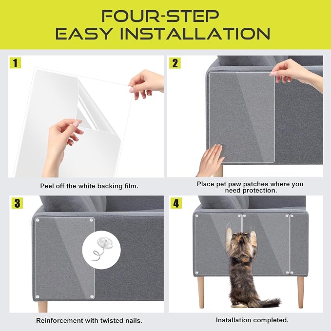 Anti Cat Scratch Furniture Protector, 10-Pack Couch Protector from Cat Claws for Sofa Corners, Walls & Doors – Heavy-Duty, Easy-to-Apply Shields with 50 Twist Pins(Clear - Image 5