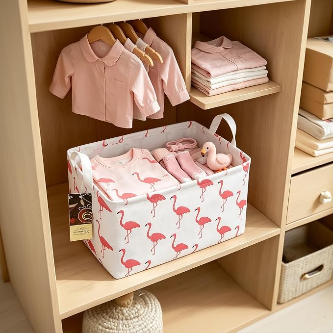 Rectangle Foldable Storage Basket Handles For Home, Flamingo | Waterproof reinforced handles, perfect for shelf use, organizes clothes, daily items and pet supplies - Image 2