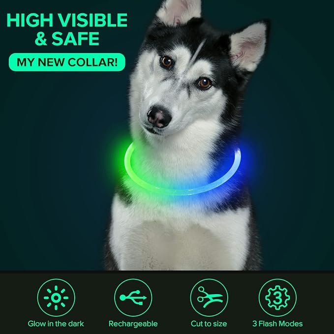 Colaseeme Light Up Dog Collar, USB Rechargeable Glow Necklace, Green+Blue | Waterproof IP67, Cut-to-Fit TPU, 360° Night Safety, Pet Visibility Light, Camping & Walking, Fits Small-Large Dogs - Image 3