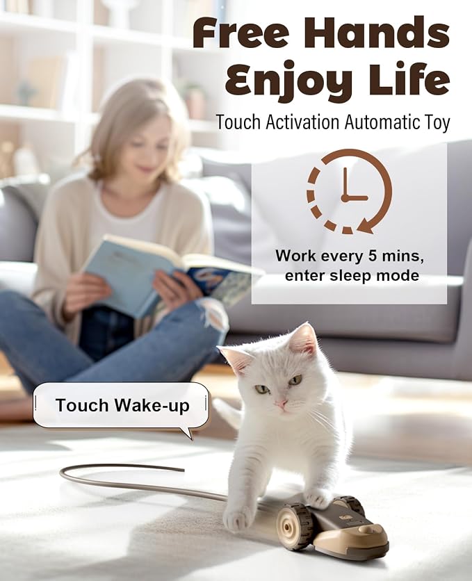 CYROS 3-in-1 Interactive Cat Toy - 2-Speed Automatic Moving Mouse Cat Toys Self Play with 2pcs Hanging Feather String Ribbon and Wiggly Silicone Mice Tail for Bored Indoor Adult Cats Kittens - Image 6