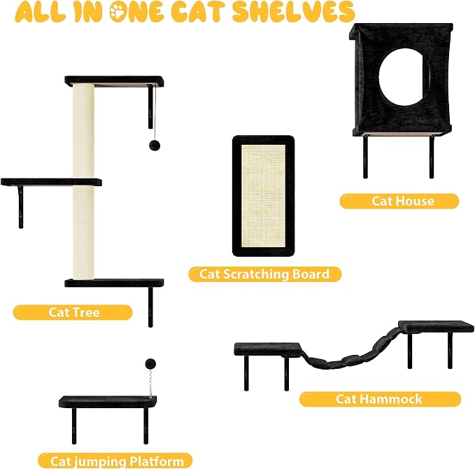 Cat Wall Shelves, 10-in-1 Wall-Mounted Cat Furniture Set | Large Cat Climber Set with House, Bridge, Steps, Scratcher, DIY Playground, Shelves for Indoor Wall Furniture Set - Black - Image 4