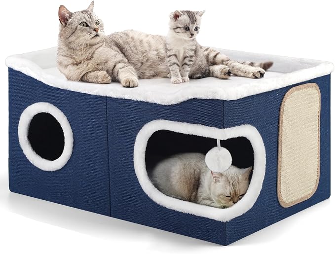 Shikha Extra Large Cat House Bed for Multi Cats with Scratch Pad Blue | 24 x 17.7 x 12.6 IN Widen Cat Cave Cube for Multi Pets, Foldable, Arc-Edge Design, Oval Door, All Seasons Reversible Cushion by Shikha