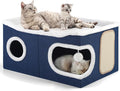 Shikha Extra Large Cat House Bed for Multi Cats with Scratch Pad Blue | 24 x 17.7 x 12.6 IN Widen Cat Cave Cube for Multi Pets, Foldable, Arc-Edge Design, Oval Door, All Seasons Reversible Cushion by Shikha