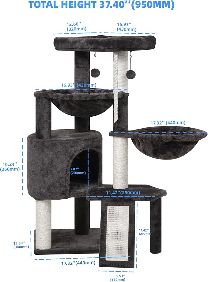 Xin Three Layer Cat Tree with Cat Condo and Two Hammocks,Darkgray … - Image 2