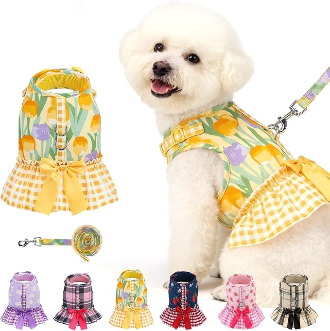 EXPAWLORER Dog Harness Small Medium Sized Dogs, No Choke No Pull Mesh Vest | Tulip Dog Dress Bowknot Harness and Leash Set Soft Cute Princess Puppy Outfits Clothes Costume for Girls Party Cats Yellow S by EXPAWLORER