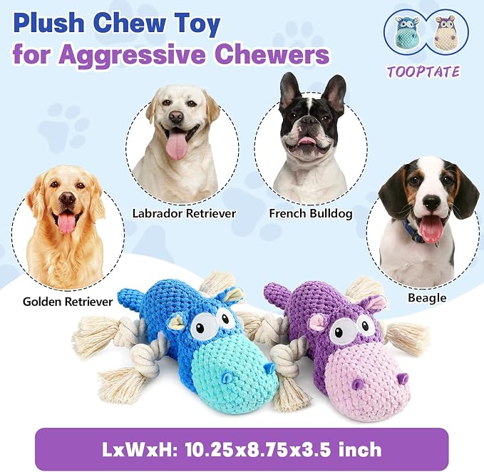 TOOPTATE 2-Pack Squeaky Hippo Dog Toys, Blue & Purple, Medium | Cute Plush Design, Rope Legs for Tugging, Helps Keep Dogs Busy, Suitable for Small, Medium, and Large Dogs - Image 3