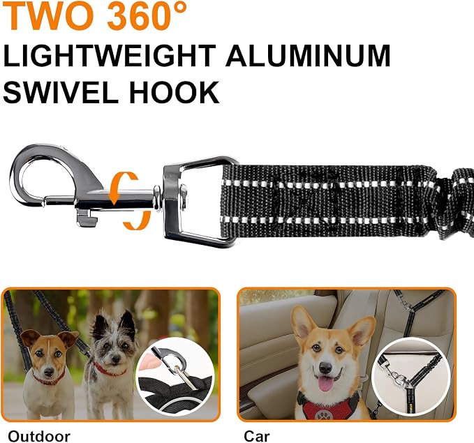 MingXpet 2 Dog Leash, Dog Leash for 2 Dogs, 360° Swivel No Tangle Double Walking Training Leashes for Small Dogs, Comfortable Shock Absorbing Reflective Bungee, Black - Image 3