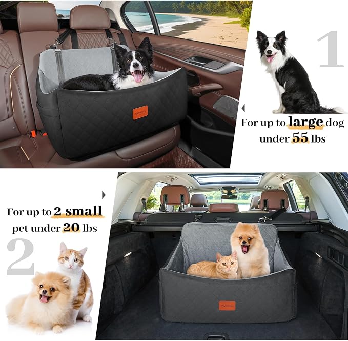 Wooaidagg Dog Car Seat for Medium & Large Dogs Up to 55lbs, Memory Foam Cushion, Washable Cover, Safety Straps & Non-Slip Base(Black/Grey,Large) - Image 5
