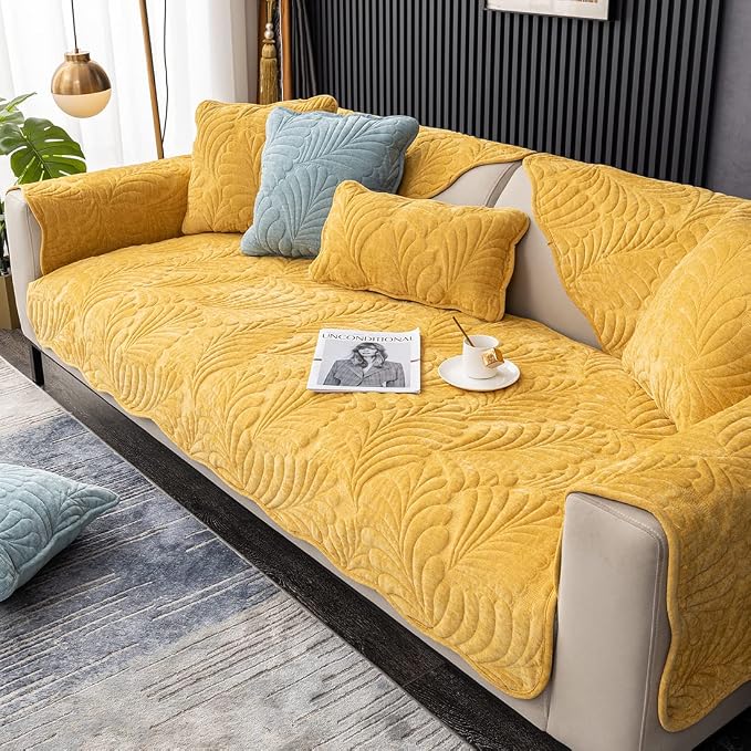 Couch Covers Plush Quilted Sofa Covers for Sectional Sofa Washable | Palm Leaves Couch Cover Chenille Non Slip Sofa Covers Soft Sofa Slipcover Furniture Protector for Pets Kids Children Dogs Cat - Image 4